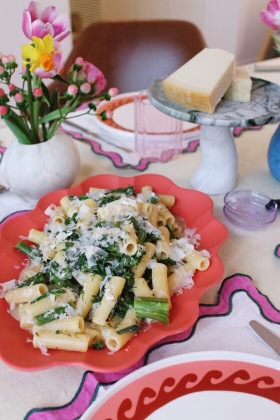 broccolini goats cheese pasta into the sauce