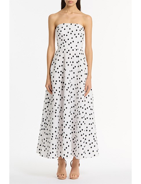 WHITE AND BLACK SPOT JACQUARD A-LINE STRAPLESS GOWN