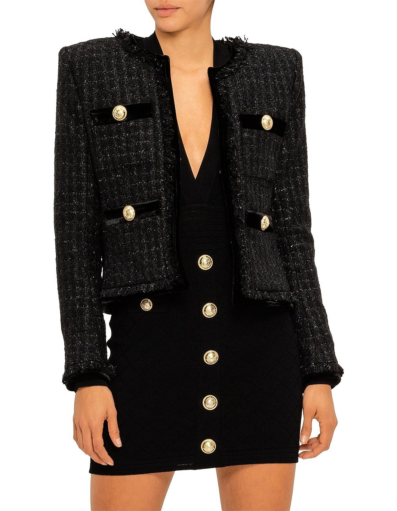 Balmain Fringed Tweed Velvet Jacket With Gold Buttons David Jones