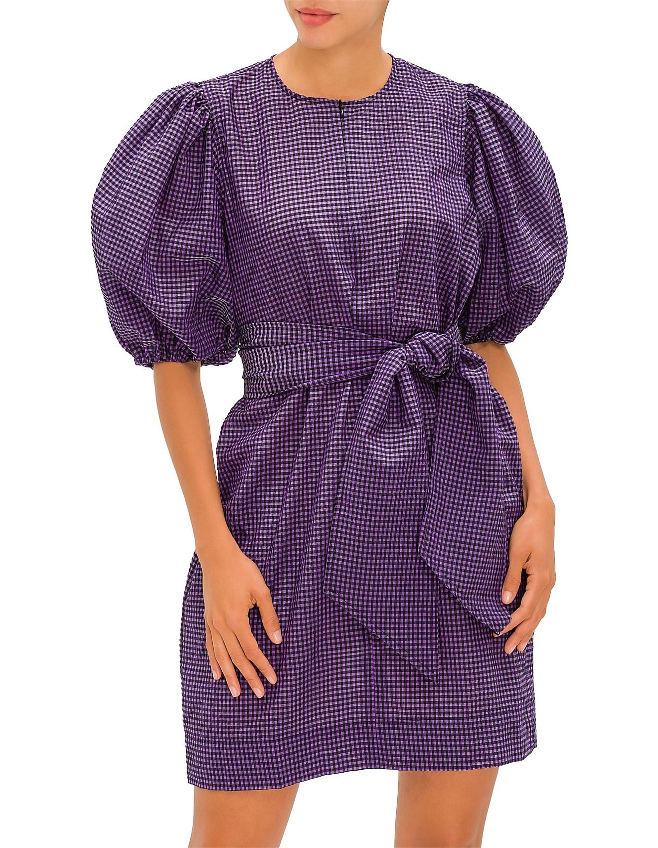 Ganni Seersucker Check Short Sleeved Belted Dress | David Jones