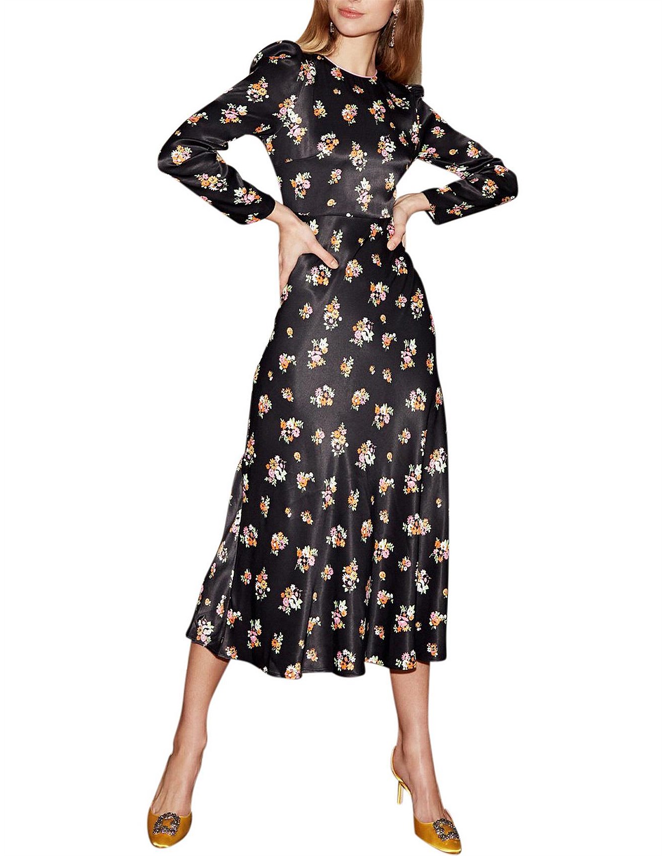 Kitri Anna Long Sleeve Black Daisy Print Midi Dress David Jones