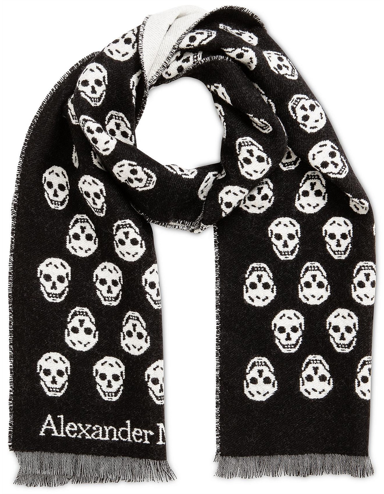 Alexander McQueen スカーフ 正規品 Alexander Mcqueen Skull Scarf Reversible Black Ivory | David Jones
