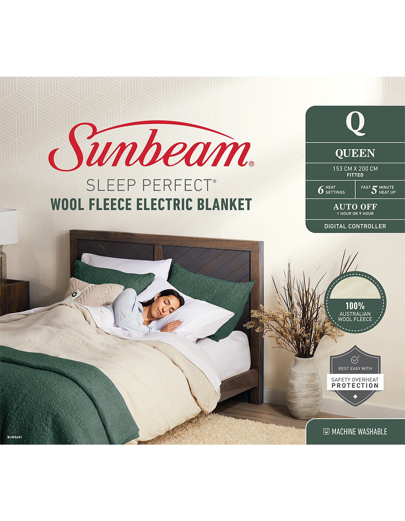Sunbeam Blw5651 Sleep Perfect Wool Fleece Electric Blanket -Queen