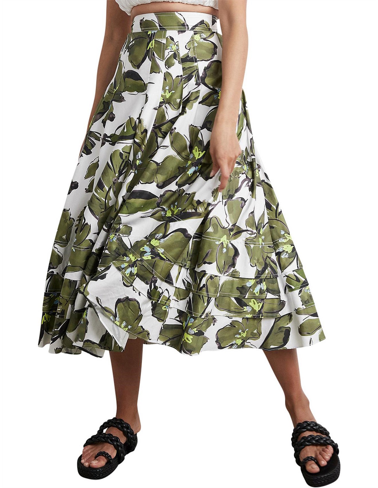 Aje Oasis Olive Leaf Print Midi Skirt David Jones