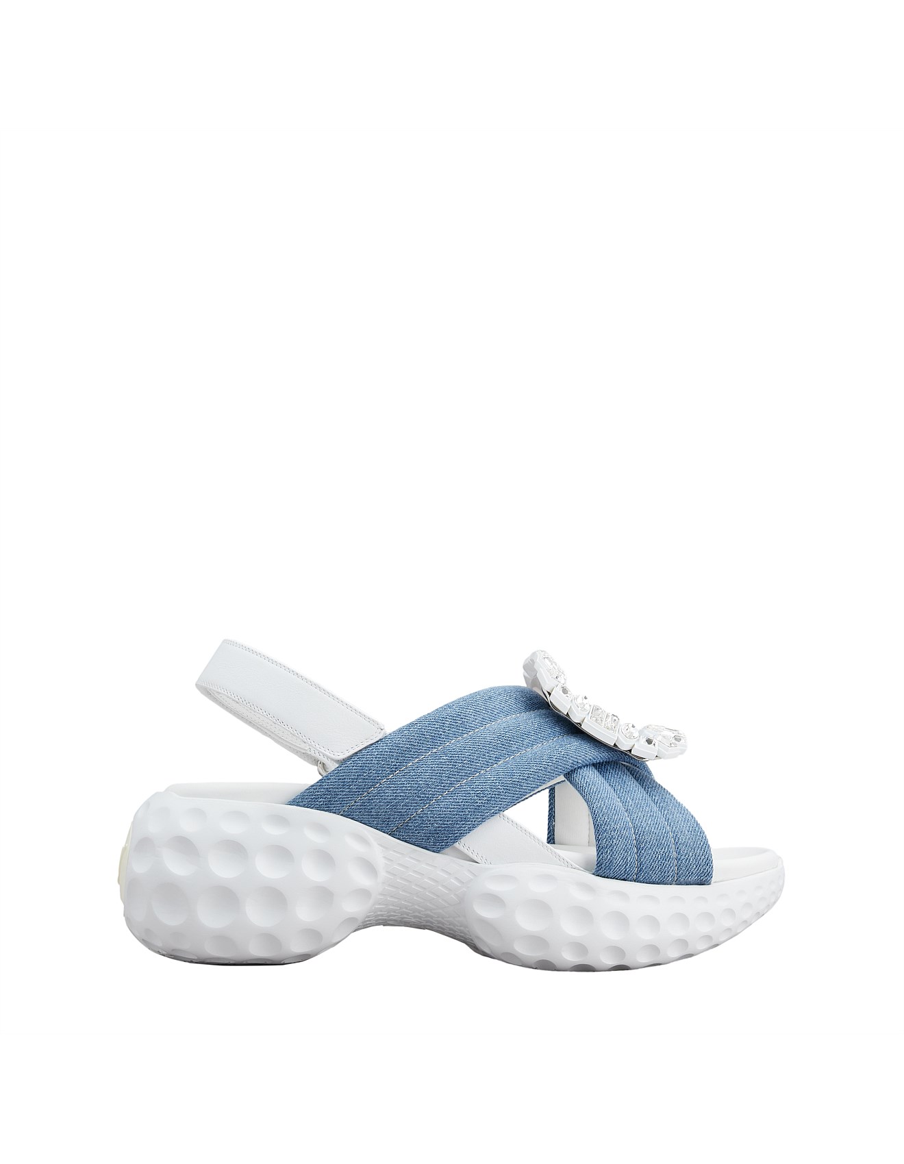 Roger Vivier Viv' Run Light Strass Buckle Sandals In Denim David