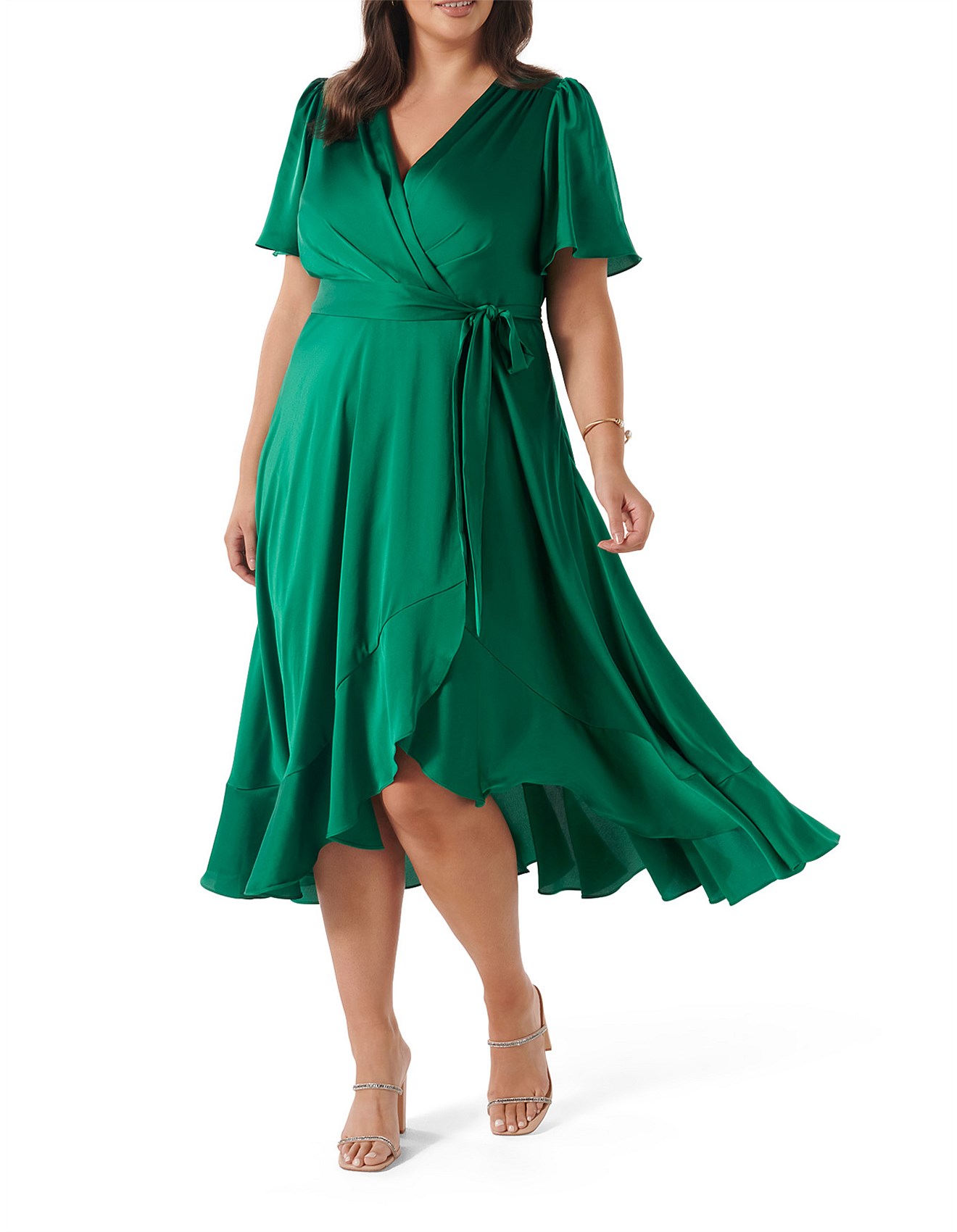 Forever New Sienna Curve Satin Wrap Ruffle Dress David Jones