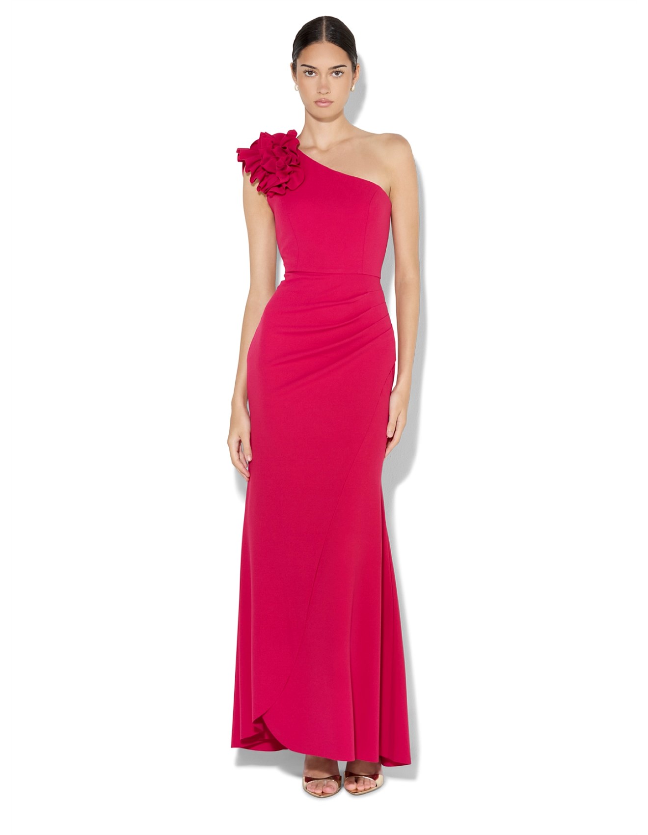 ruffle one shoulder gown