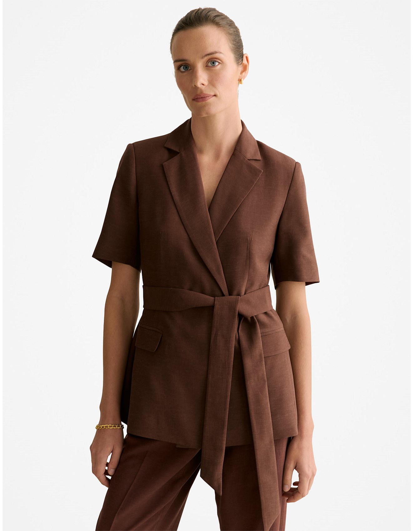 brown tie waist blazer