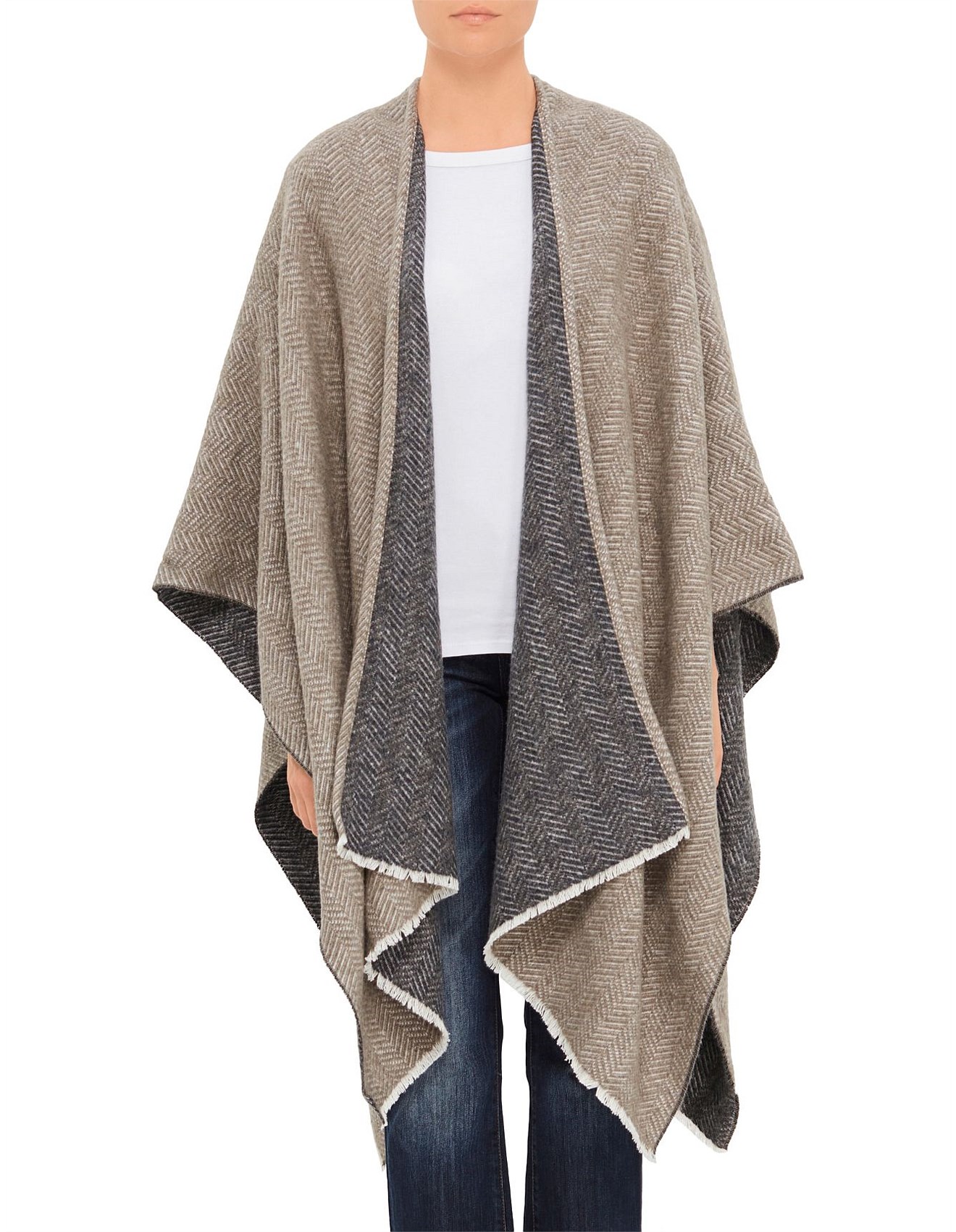 Milana Reversible Herringbone Ruana Poncho | David Jones