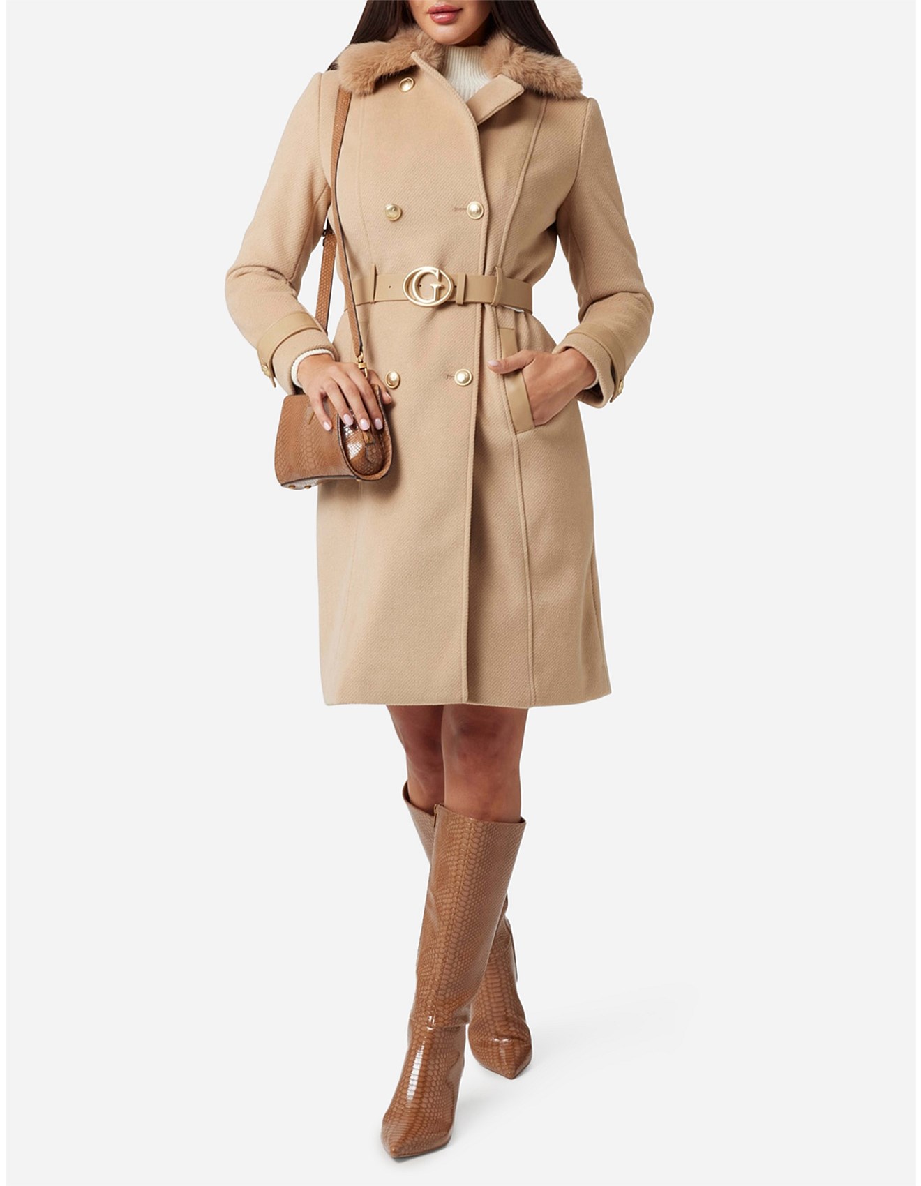 guess double breasted tie coat