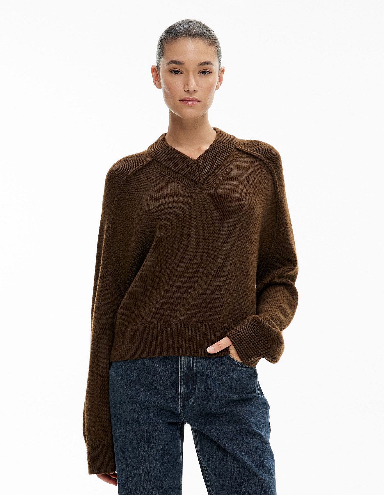 Witchery High V Knit Jumper Cocoa David Jones - Main Image