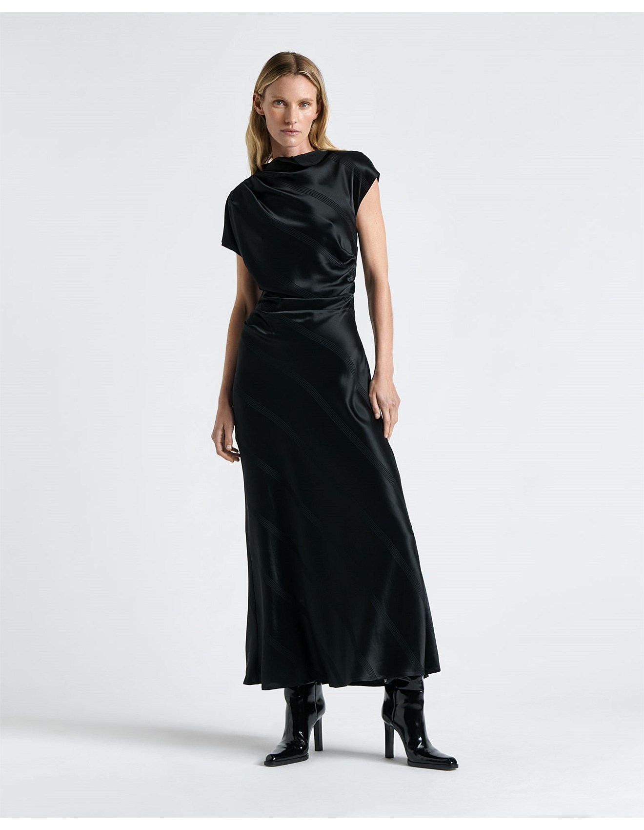 SATIN STRIPE DRAPED MIDI DRESS black AU