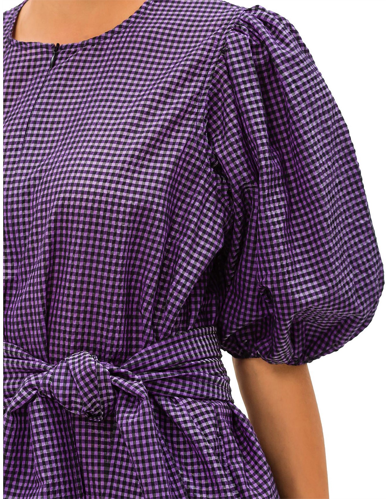 【GANNI】dress Ganni Seersucker Check Short Sleeved Belted Dress | David Jones