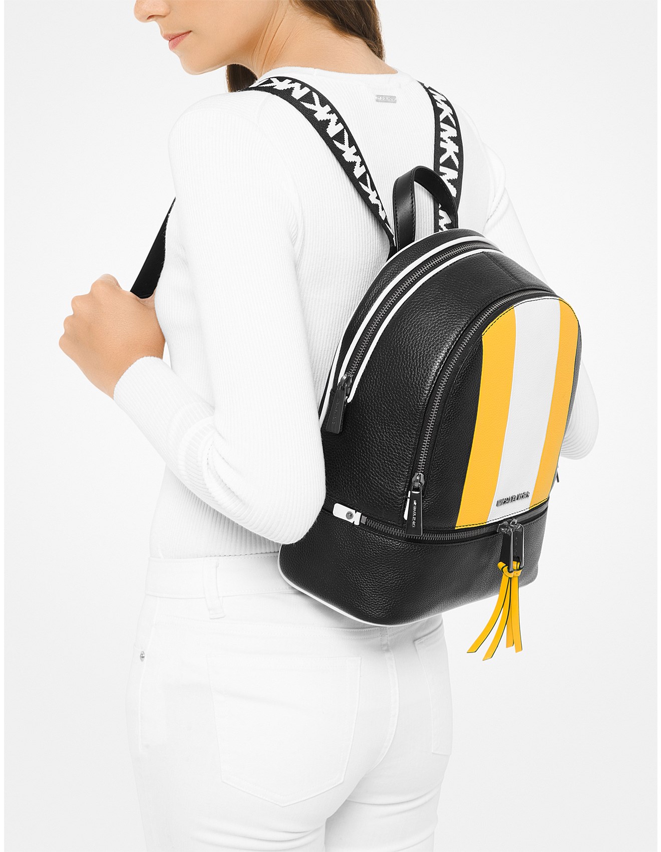 rhea medium striped logo and leather backpack