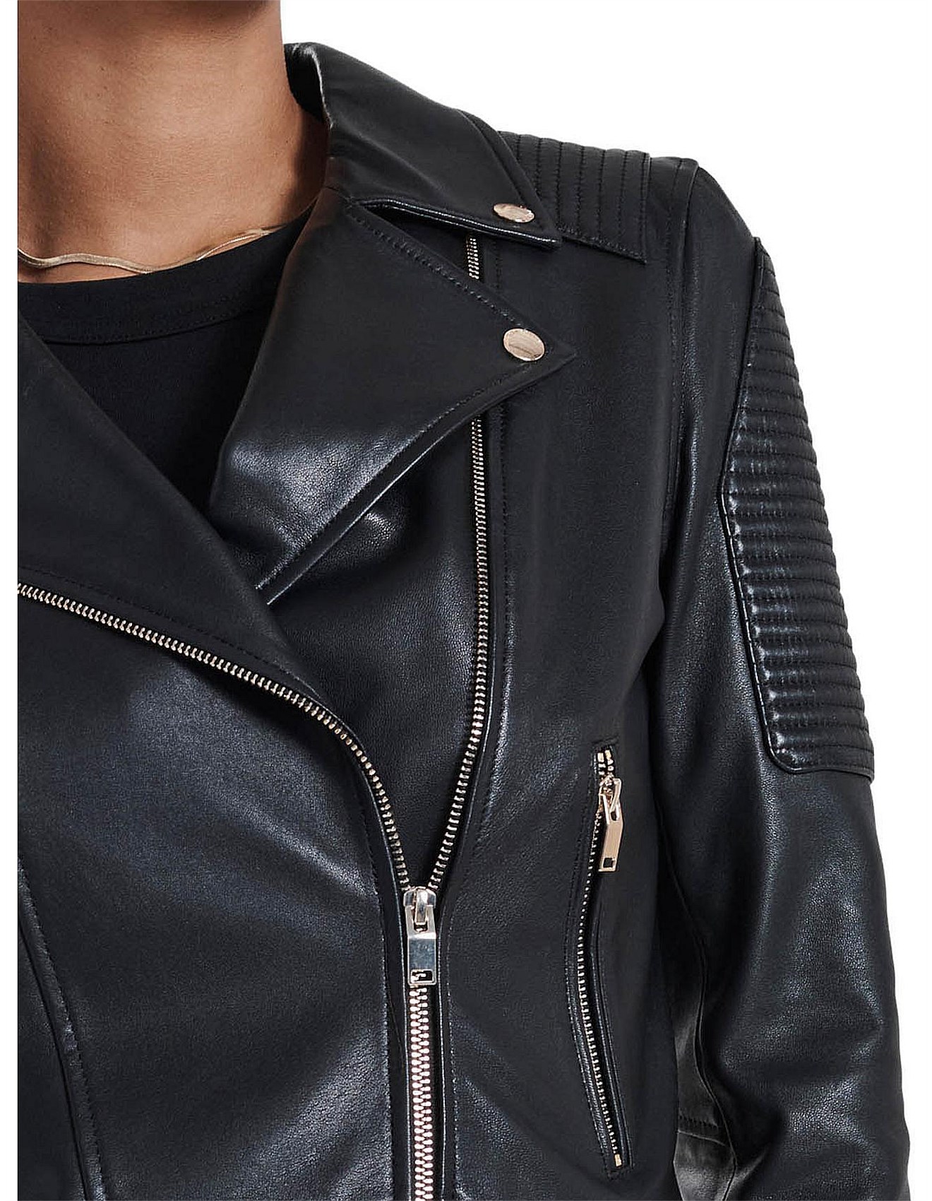 Zipper Leather Biker Jacket Gold Hardware Women's Black Leather
