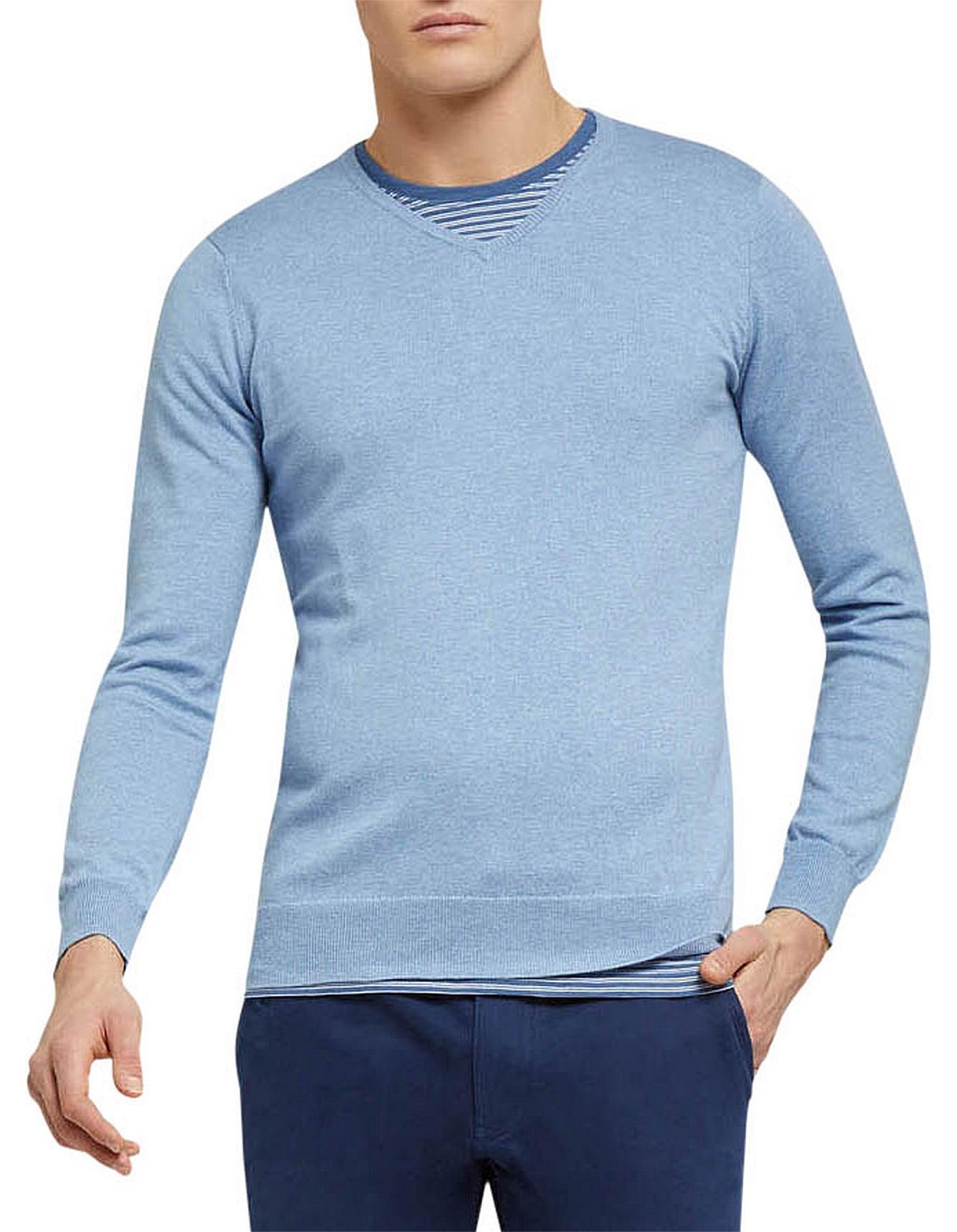Men's Hoodies & Sweaters | David Jones - Cotton Cashmere V-Neck Pullover Sky Blue