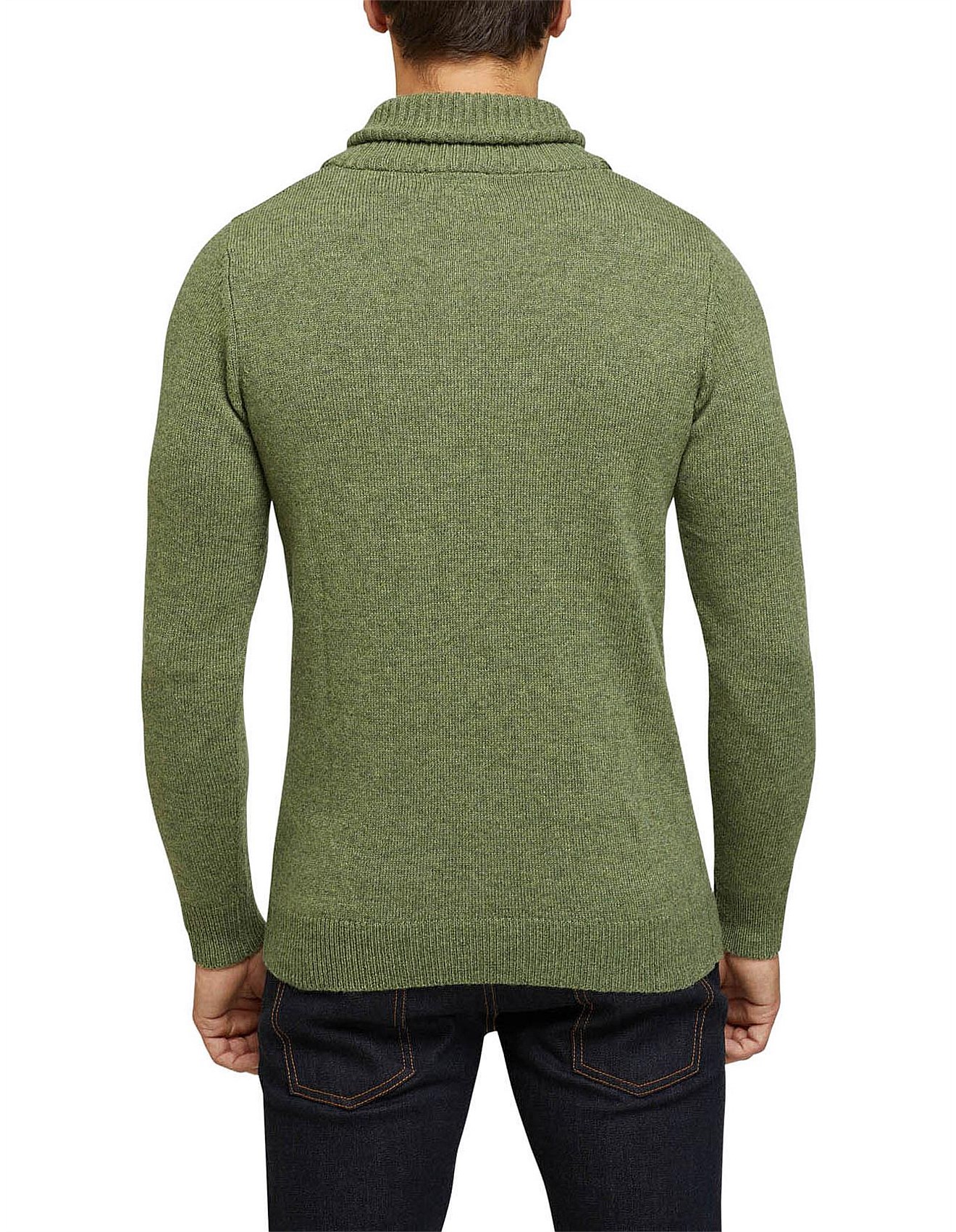 Oxford Jimmy Wool Blend Shawl Neck Knit Olive David Jones