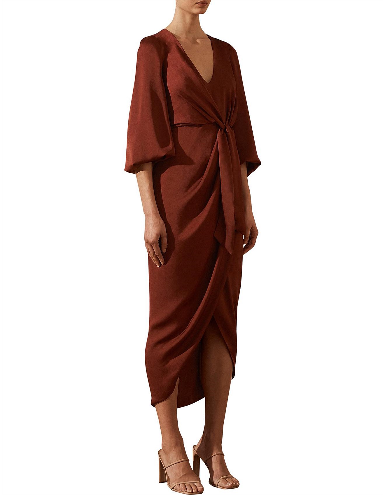 Balloon Sleeve Midi Dress Shona Joy Mocha Shona Joy LUXE TIE FRONT
