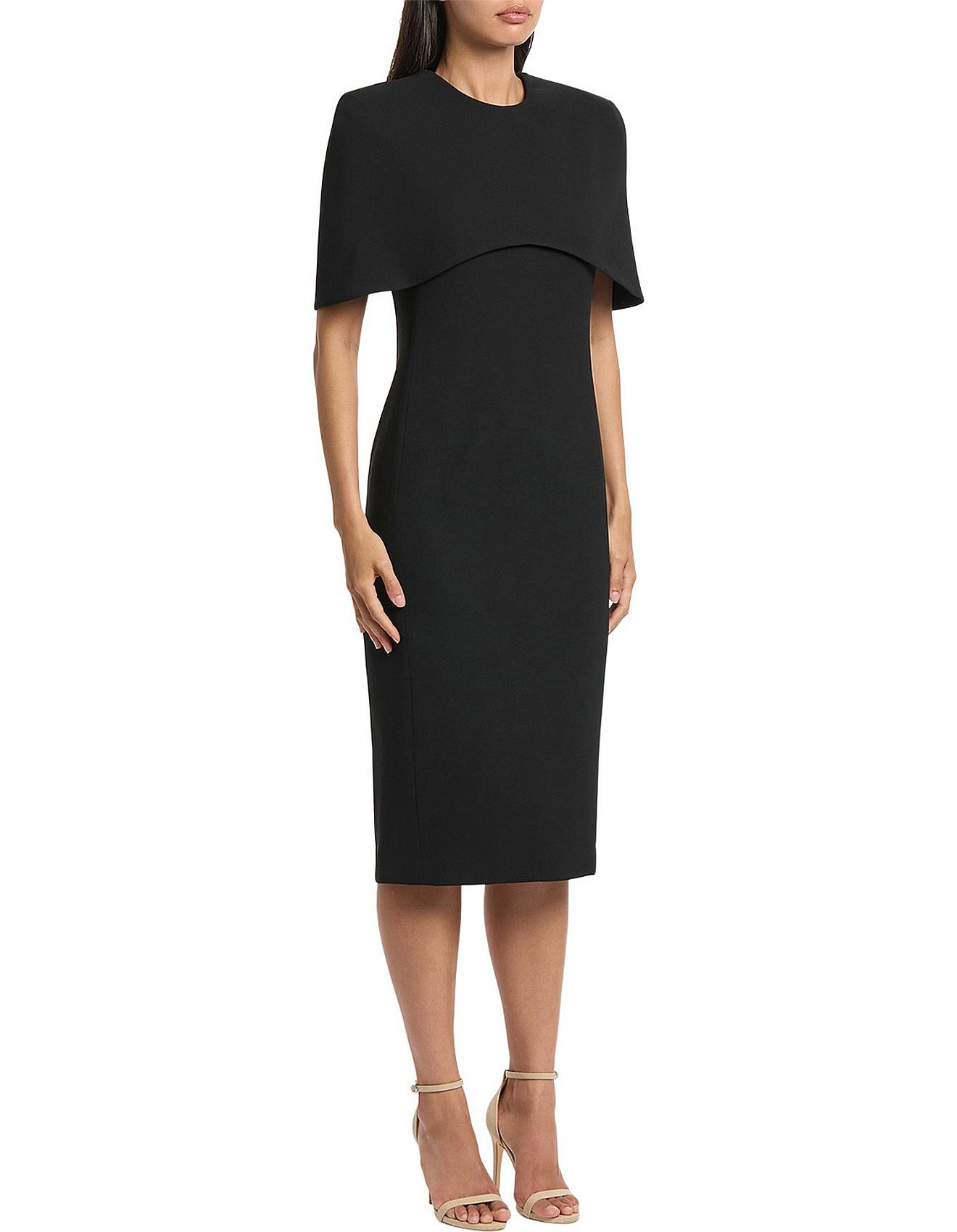 Carla Zampatti Black Crepe Curved Cape Midi Dress | David Jones