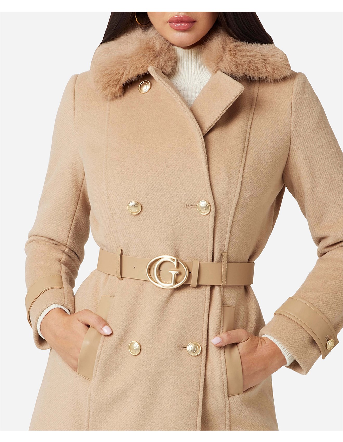 guess double breasted tie coat