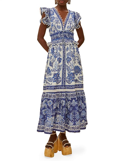 Farm Rio Shell Garden Flutter Sleeve Maxi Dress | David Jones