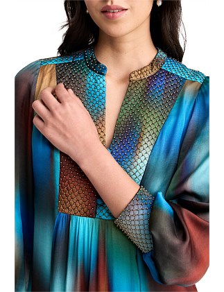 Blue Illusion Beaded Smock Dress -Ombre Print | David Jones